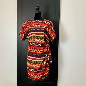 Vtg 80s Maggy London by Kenneth Nolan Silk Wrap Dress 12 Tribal Aztec Geometric